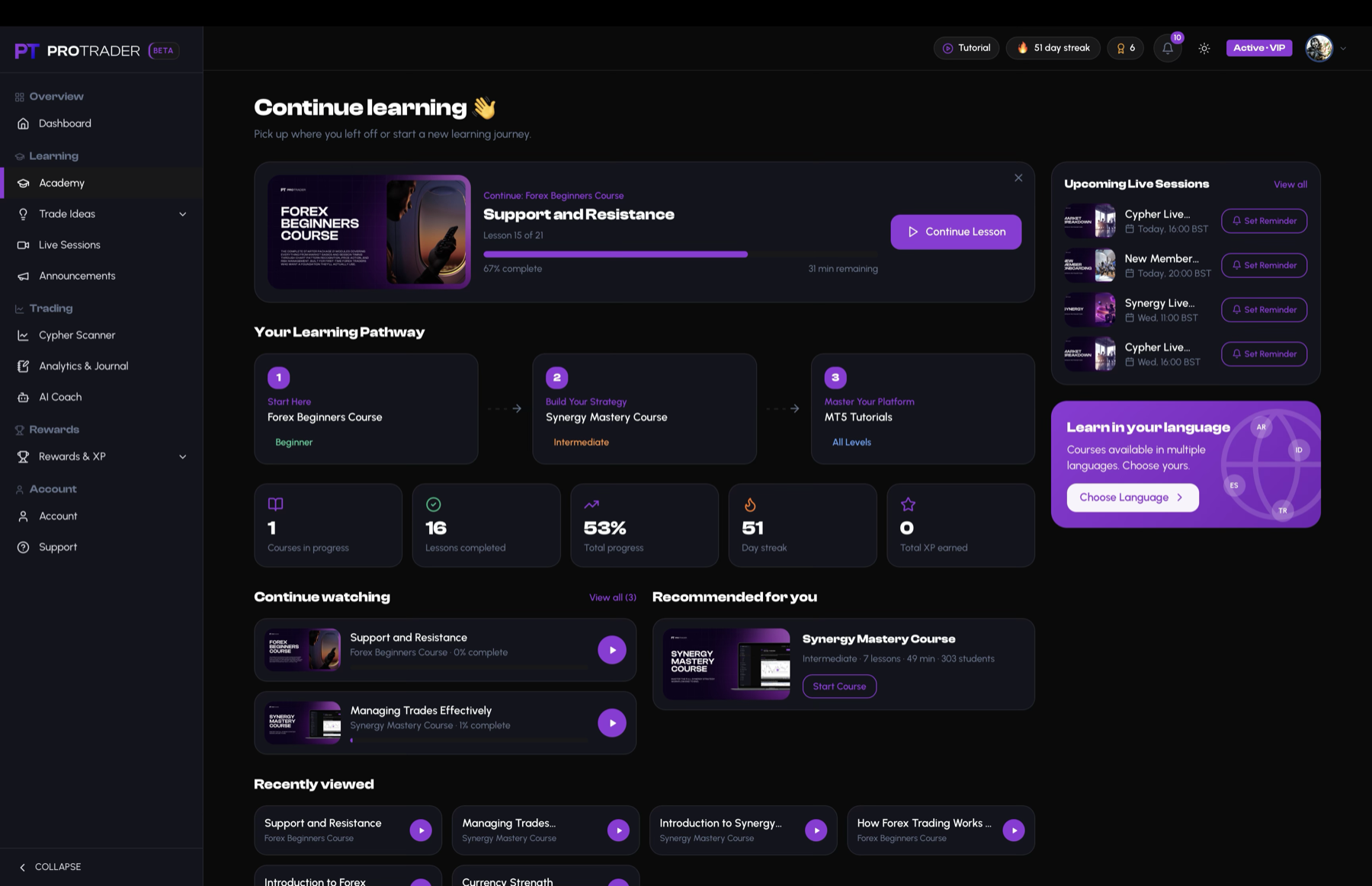 ProTrader Continue Learning dashboard with course pathway, live sessions and language access