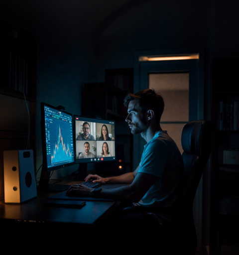 Trader working at a multi-screen desk