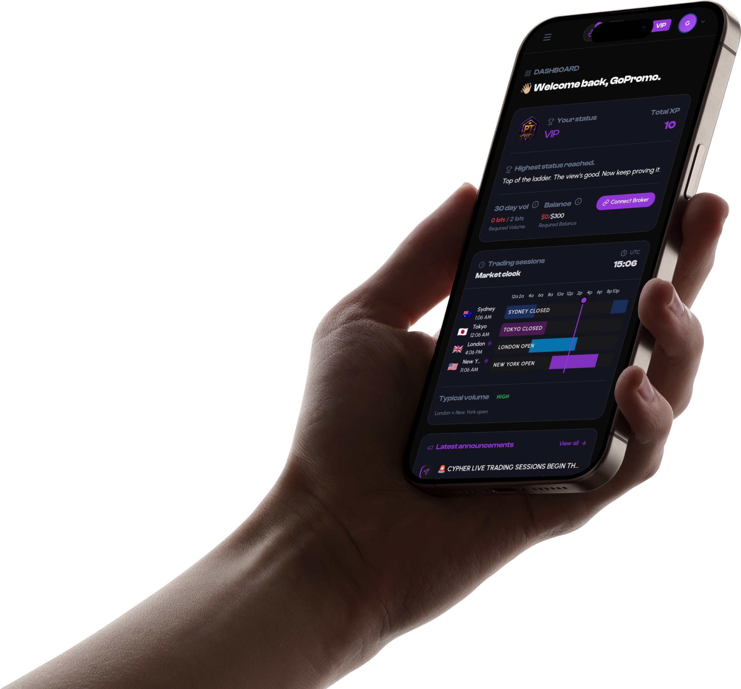 ProTrader dashboard on a phone